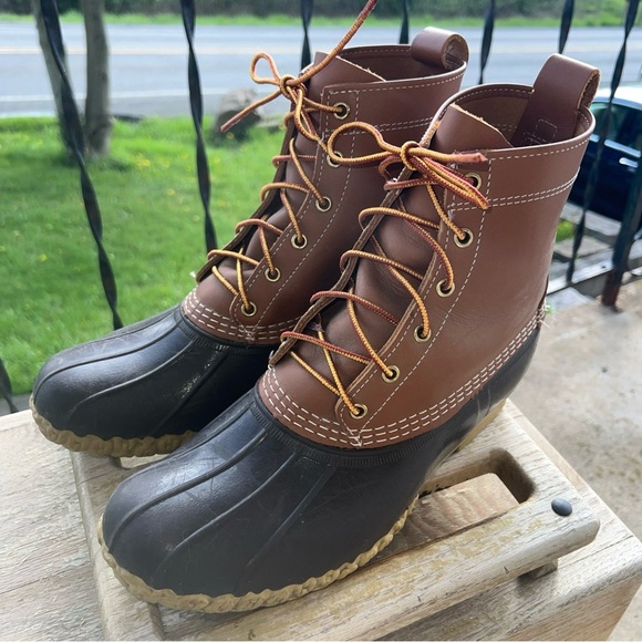 LL Bean Men’s 9M Duck Boots Tan Leather Brown Rubber 6 Eye Maine USA 8 Inch - Picture 2 of 11